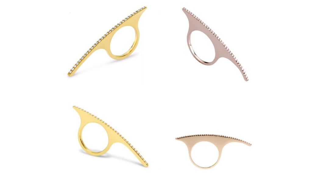 On the left is the Bijules pavé diamond “Skinny Mini” curved bar ring, which the brand’s designer, Jules Kim, conceptualized and launched in 2005. On the right is a similar style created by another jewelry brand in 2014. (Photo courtesy of Jules Kim) Bijules diamond Skinny Mini ring