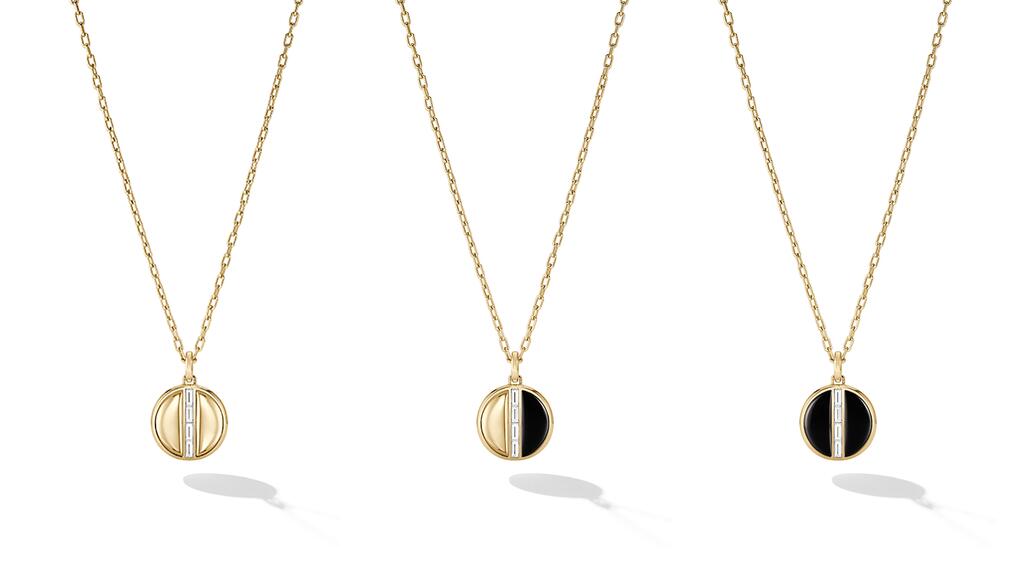 The “Braeve” pendant in 14-karat yellow gold with black onyx and lab-grown diamonds ($5,500) is Issa Rae’s favorite piece. The pendant flips for a 3-in-1 look. Issa Rae Braeve flip pendant necklace