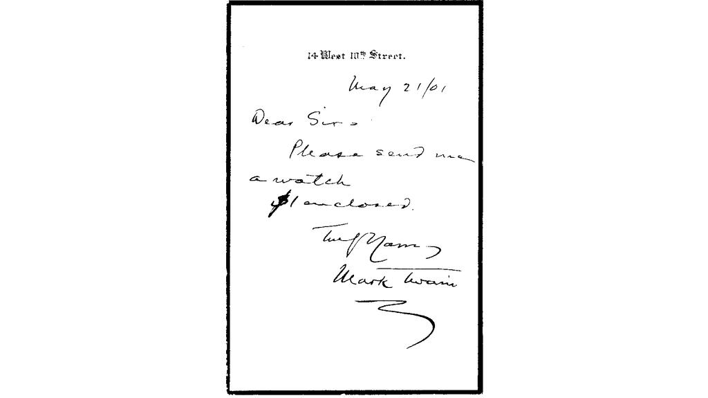A letter said to be from author Mark Twain, requesting a “Yankee” pocket watch from Timex Mark Twain Timex letter