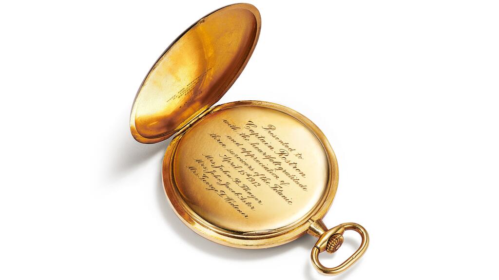 Madeleine Talmage Astor, Marian Longstreth Thayer, and Eleanor Elkins Widener had the gold Tiffany & Co. pocket watch they gave to Rostron engraved. (Photo courtesy of Tiffany & Co.) Engraving on Tiffany & Co. gold Titanic pocket watch