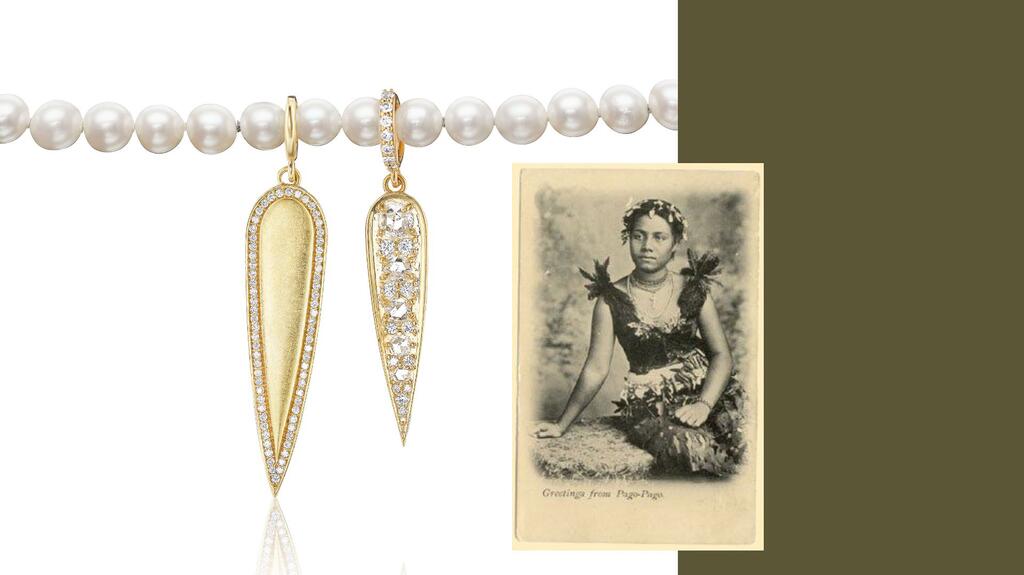 Two versions of the “Nifo” pendant set with natural diamonds by Birthright Foundry, a fine jewelry brand inspired by Polamalu’s background as an American Samoan first-generation jeweler. Birthright Foundry Nifo pendants