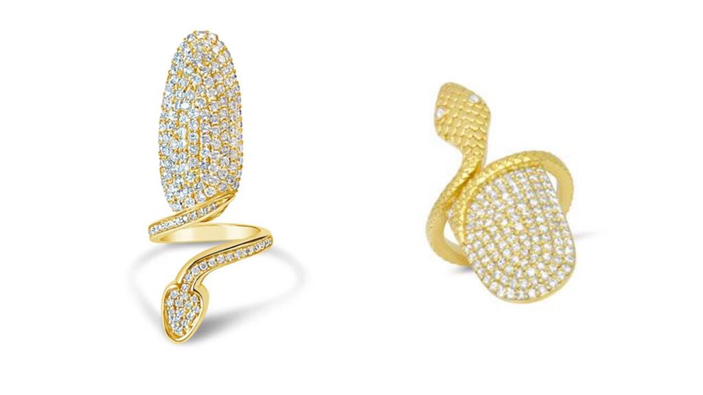 Kim created the now-copyrighted “Serpensive” nail ring in 2008, seen at left, and said it has been her most imitated creation to date. On the right is a dupe from 2022. (Photo courtesy of Bijules) Bijules Serpensive nail ring