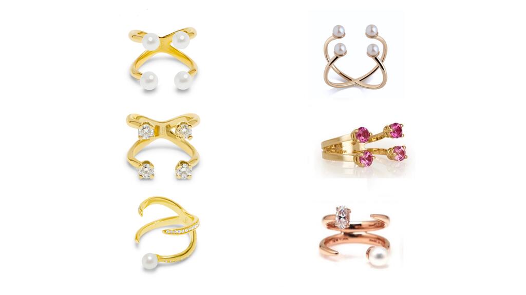 Kim first created the style she dubbed the “Knuckle Ring” in 2009; three examples are seen at left. At right are similar styles created by various jewelry brands between 2012 and today. (Photo courtesy of Bijules) Bijules Knuckle Ring
