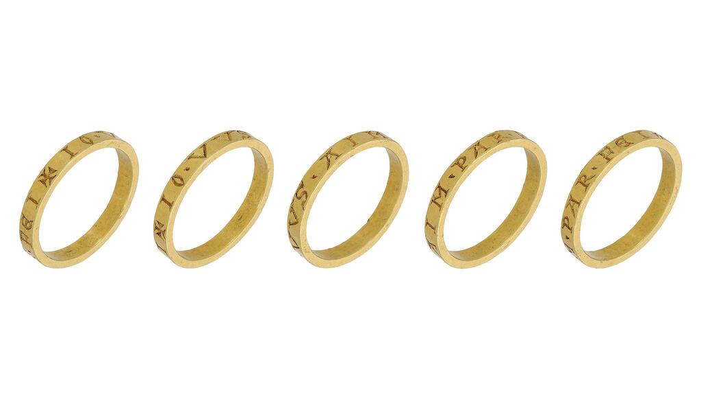 This posy ring, seen here from several angles, reads “I love you by faith” or “I love you faithfully” when translated from medieval French. (Image courtesy of Noonans) Medieval posy ring