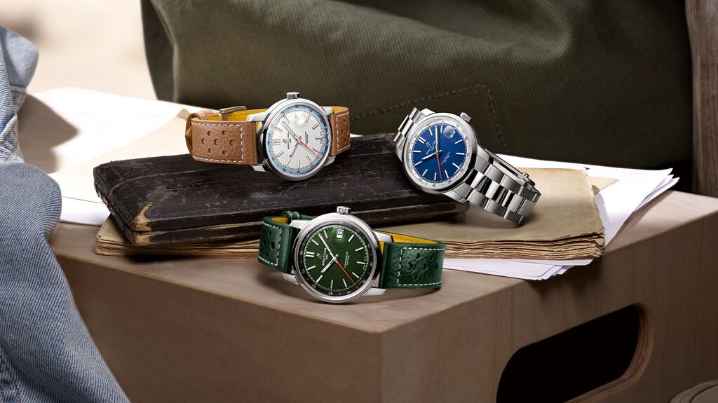 Breitling’s “Top Time B31” collection includes three dial designs along with a blue (not seen here), green, or beige racing-themed calfskin leather strap or stainless-steel bracelet ($5,600 for leather strap, $5,900 or stainless-steel bracelet) Breitling Top Time B13 Watch Collection