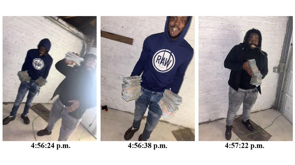 Court documents filed in the case include these images of Williams (black hoodie) and Wilson (blue “RAW” hoodie) posing with stacks of cash. Kevin Williams and Byron Wilson