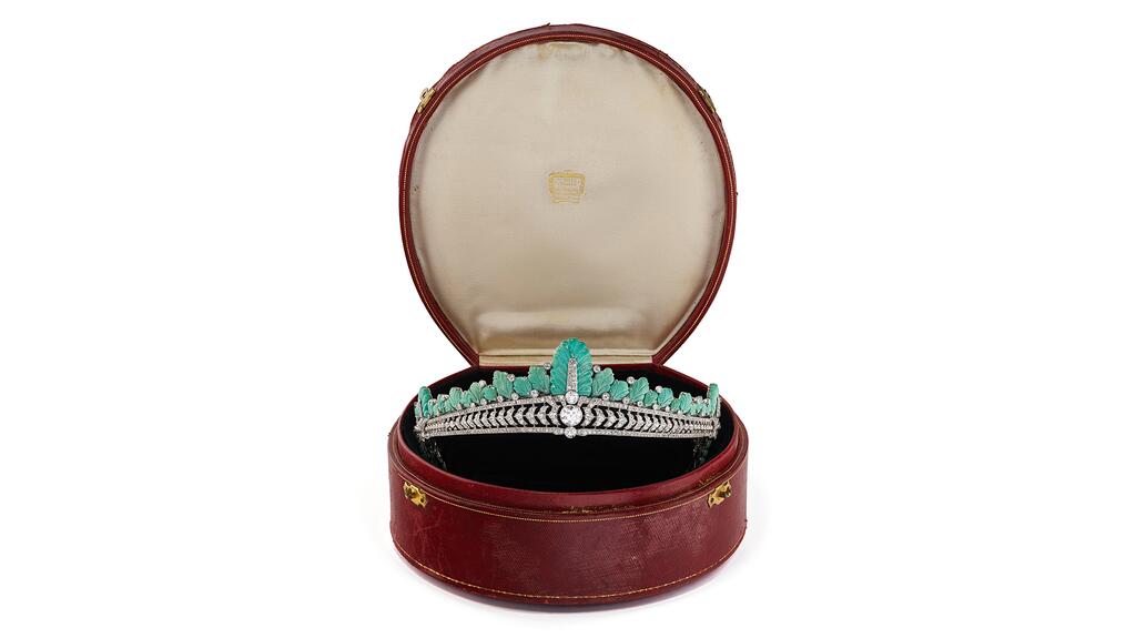 The tiara, seen here in a Cartier box, is “truly unique,” said Jean Ghika, Bonhams global head of jewelry. Nancy Astor Cartier turquoise and diamond tiara