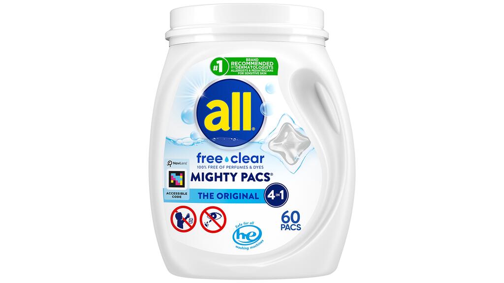 Tech company NaviLens provides accessible QR codes for the visually impaired, like the one seen here on this bottle of All detergent. NaviLens logo on All laundry detergent