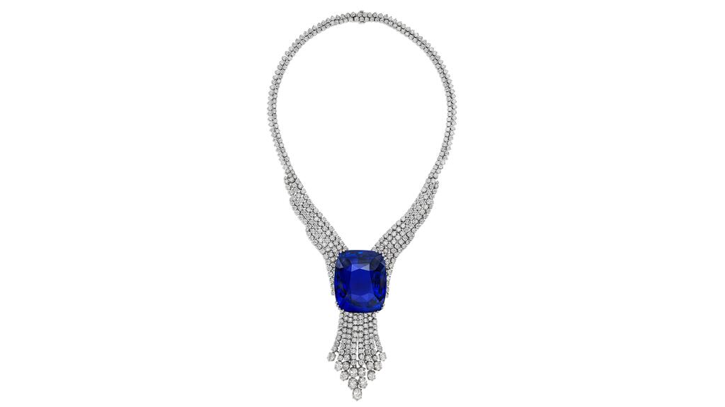 The Blue Belle, the 393-carat Sri Lankan sapphire at the heart of this necklace, features a “luminous intensity,” Christie’s said. Blue Belle sapphire