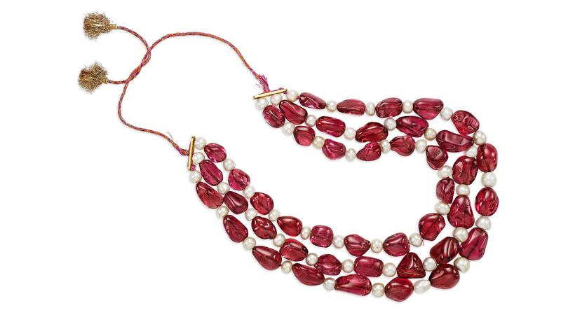 Mughal three-strand spinel and natural pearl necklace