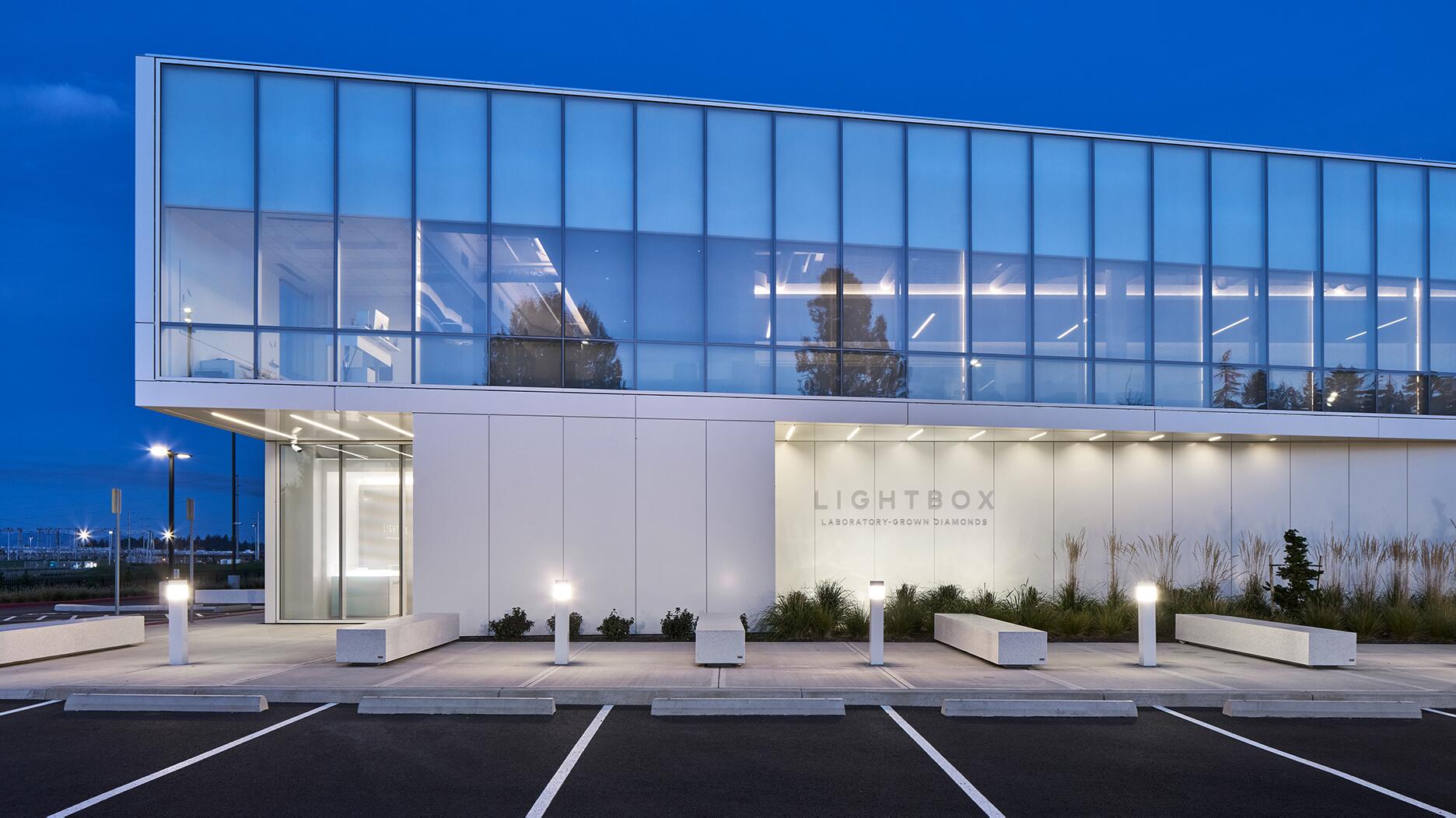 The exterior of De Beers Group’s diamond factory in Gresham, Oregon. The company announced last week that it is transitioning production at the facility from diamonds for jewelry to diamonds for industrial and technology uses. CEO Al Cook said the exterior of the factory, which currently reads “Lightbox,” will eventually be rebranded. Exterior Lightbox diamond factory Gresham, Oregon