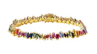 This rainbow sapphire tennis bracelet by Suzanne Kalan ($16,000) is one of 20 pieces in this Amanda’s Style File celebrating the September birthstone. Suzanne Kalan