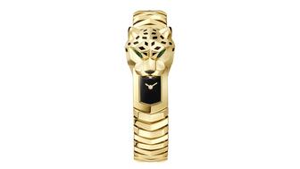 Chrono24’s “Her-ology” report explores the women’s watch market, breaking down the favored brands, shapes, and movement preferences. According to the report, Cartier is one of the top brands among women watch buyers; a “Panthère” watch from the brand is pictured. Cartier Panthère watch