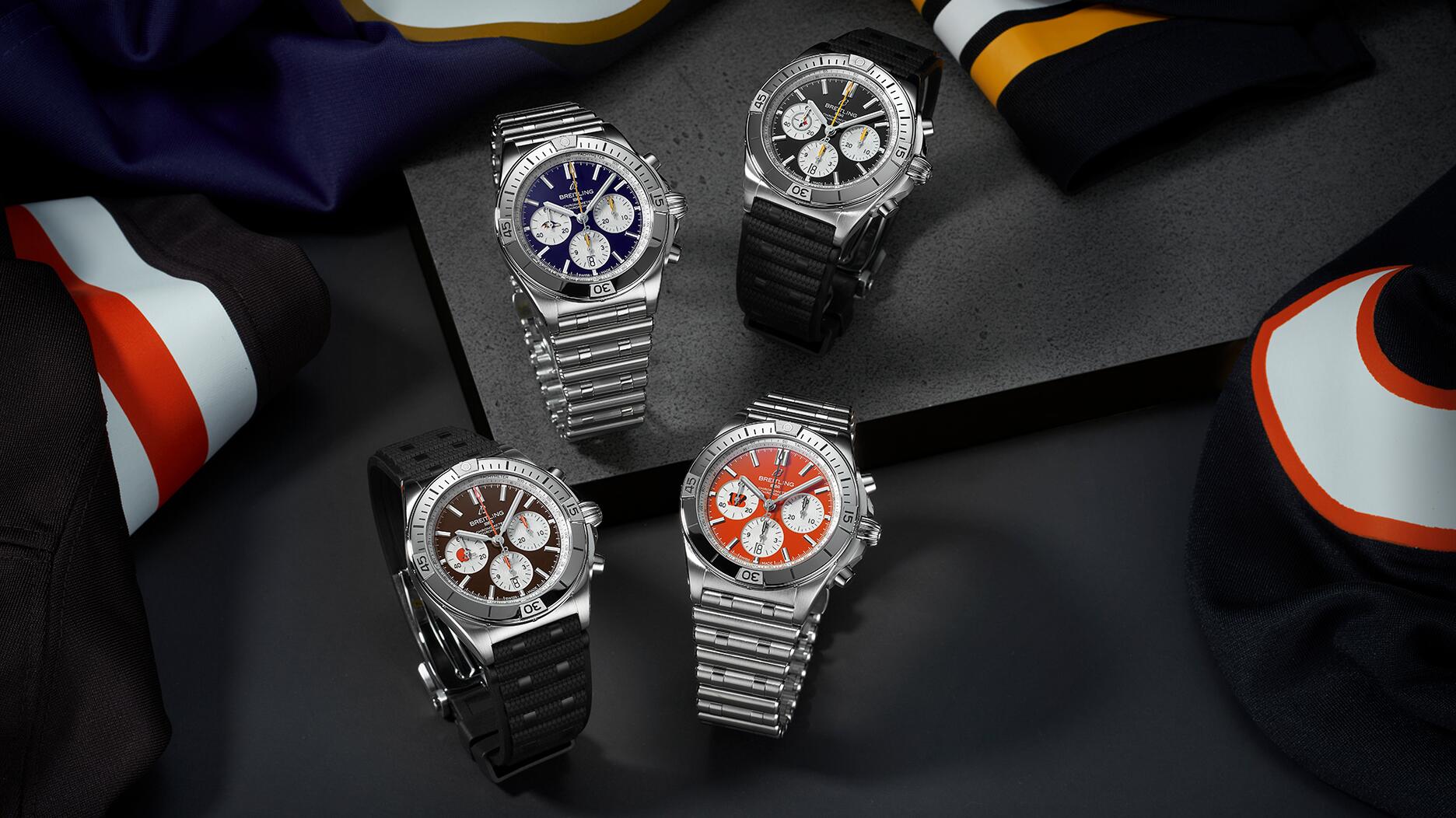Breitling now has a licensing agreement with the NFL, creating watches for each of the league’s 32 teams that incorporate their colors and logos. Pictured here are the watches for the four teams in the AFC North division. Clockwise from top left, they are the Baltimore Ravens, Pittsburgh Steelers, Cincinnati Bengals, and Cleveland Browns. Breitling NFL watches for AFC North Conference