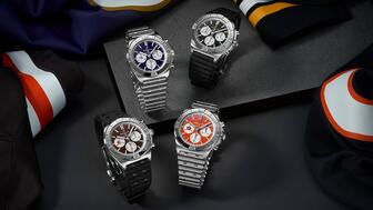 Breitling now has a licensing agreement with the NFL, creating watches for each of the league’s 32 teams that incorporate their colors and logos. Pictured here are the watches for the four teams in the AFC North division. Clockwise from top left, they are the Baltimore Ravens, Pittsburgh Steelers, Cincinnati Bengals, and Cleveland Browns. Breitling NFL watches for AFC North Conference