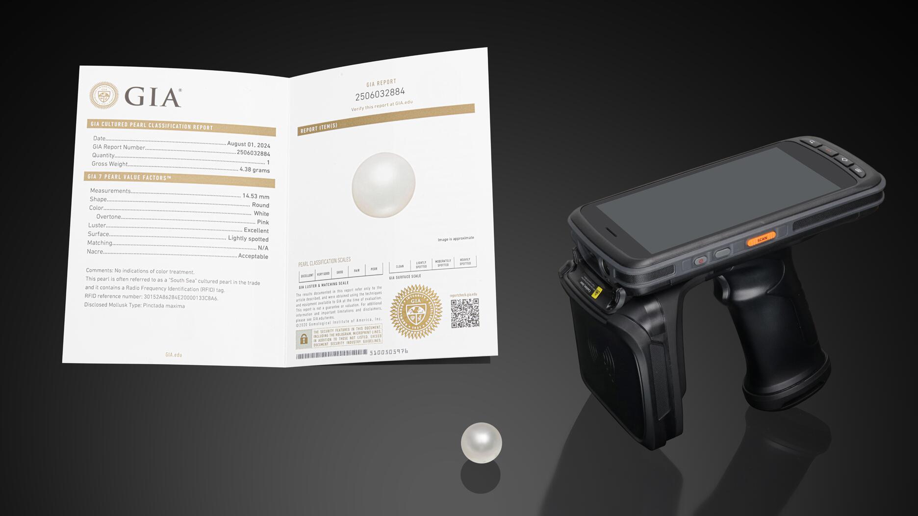 A South Sea cultured pearl containing an RFID tag, an RFID reader, and a GIA Cultured Pearl Classification Report describing the RFID reference number 20240917_GIA pearl header.jpg
