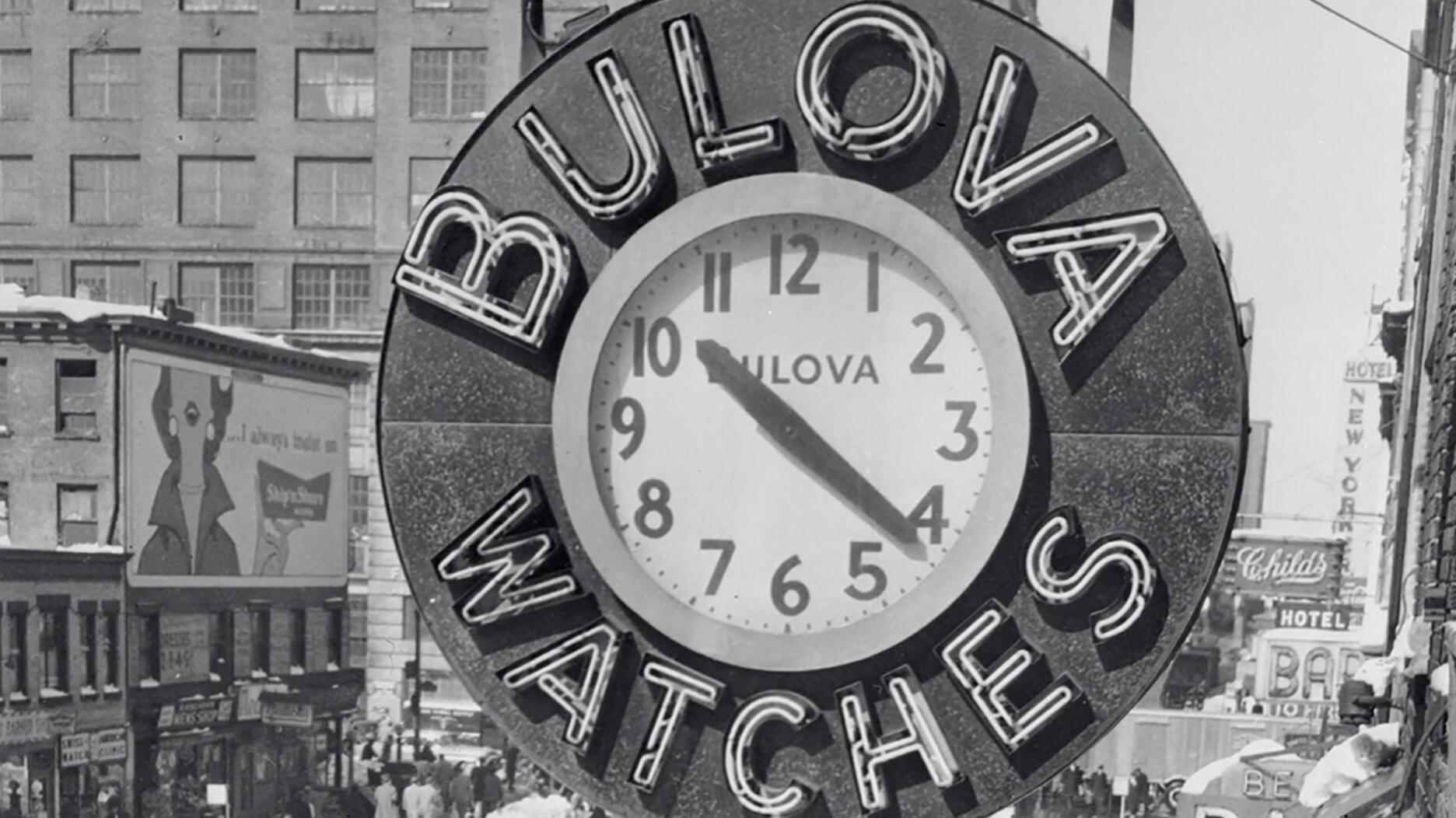 A Bulova clock over New York City. The company premiered its documentary, “America Telling Time: 150 Years of Bulova,” at a screening in New York City last week. Black and white image of Bulova clock