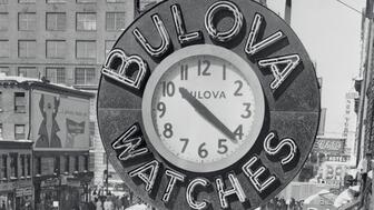 A Bulova clock over New York City. The company premiered its documentary, “America Telling Time: 150 Years of Bulova,” at a screening in New York City last week. Black and white image of Bulova clock