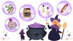 Cartoon witch and black cat with cauldron and jewelry in bubbles