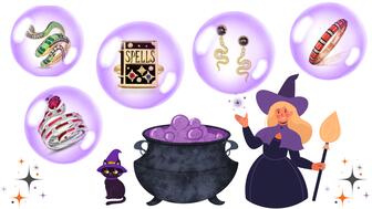 In honor of Halloween, Associate Editor Lenore Fedow paired fine jewelry with various Halloween costumes, including a witch and a ballerina. Cartoon witch and black cat with cauldron and jewelry in bubbles