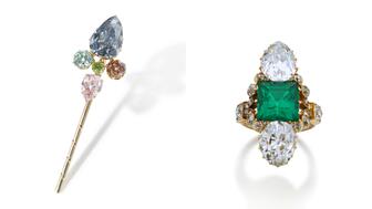 Every lot found a buyer at Sotheby’s recent auction featuring jewelry that belonged to Tsar Ferdinand I, as well as heirlooms from his mother and pieces passed down through members of his immediate lineage. The highest-grossing lot was the former ruler’s personal colored diamond pin (left) followed by an emerald and diamond ring (right) that belonged to his daughter. Tsar Ferdinand I Bulgaria colored diamond pin and emerald diamond ring