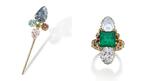 Tsar Ferdinand I Bulgaria colored diamond pin and emerald diamond ring