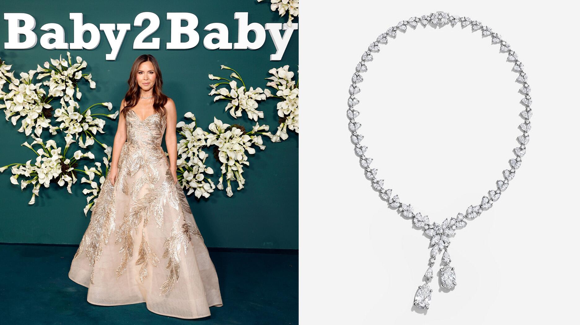 The custom lab-grown diamond jewelry set was intentionally designed for the Baby2Baby gala auction, an event hosted by the nonprofit organization to raise support for its mission of providing children living in poverty with basic necessities. Seen here is the “Monique Lhuillier Bliss & Kay Jewelers” necklace, one of the four pieces from the collaborative set. Monique Lhuillier and Monique Lhuillier Bliss & Kay Jewelers necklace