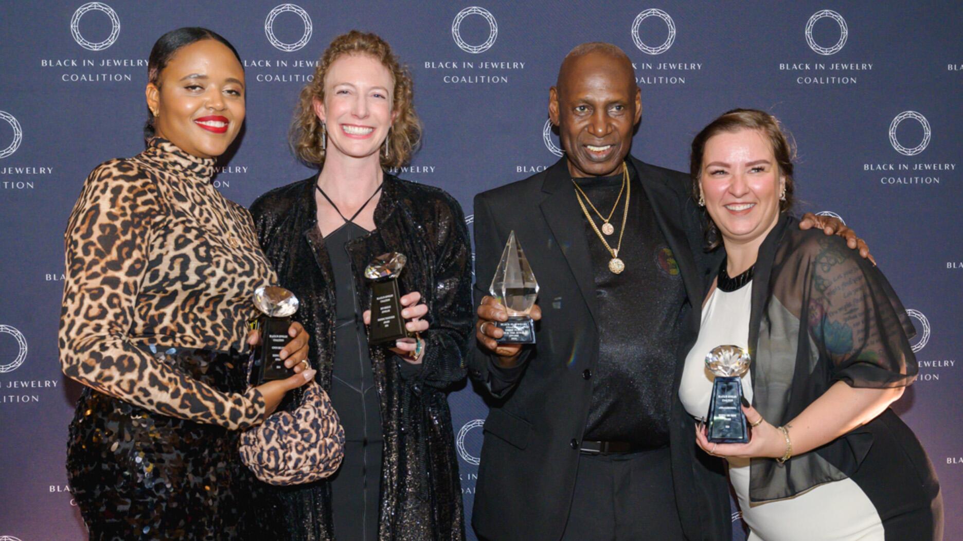 The 2024 “Rock the Jewels” Awards winners, pictured left to right, were Gwen Beloti, who won the “Rising Star” Award; Lisa Bridge of Ben Bridge Jewelers, who won the “Shining Together” Award; Eddie Plein, who won the “Rock the Jewels” Award; and Anna Samsonova, who won the “Behind the Shine” Award. Gwen Beloti, Lisa Bridge, Eddie Plein, Anna Samsonova