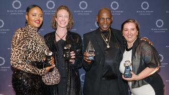 The 2024 “Rock the Jewels” Awards winners, pictured left to right, were Gwen Beloti, who won the “Rising Star” Award; Lisa Bridge of Ben Bridge Jewelers, who won the “Shining Together” Award; Eddie Plein, who won the “Rock the Jewels” Award; and Anna Samsonova, who won the “Behind the Shine” Award. Gwen Beloti, Lisa Bridge, Eddie Plein, Anna Samsonova