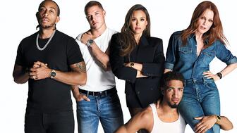 Movado is bolstering its marketing in an effort to drive sales, including a new campaign for the Movado brand starring brand ambassadors (from left) Ludacris, Christian McCaffrey, Jessica Alba, Tyrese Haliburton, and Julianne Moore. The retailer saw Q3 sales fall 3 percent year-over-year. Movado campaign