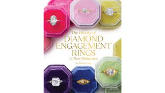The cover of Marion Fasel’s new book on diamond engagement rings showcases ring styles throughout the decades, including a Renaissance design with the Latin inscription “I am a token of love” (blue box), a Tiffany setting from 1920 (pink box), and a contemporary cushion-cut diamond set in a gold ring (green box). Cover of the new book “The History of Diamond Engagement Rings: A True Romance”