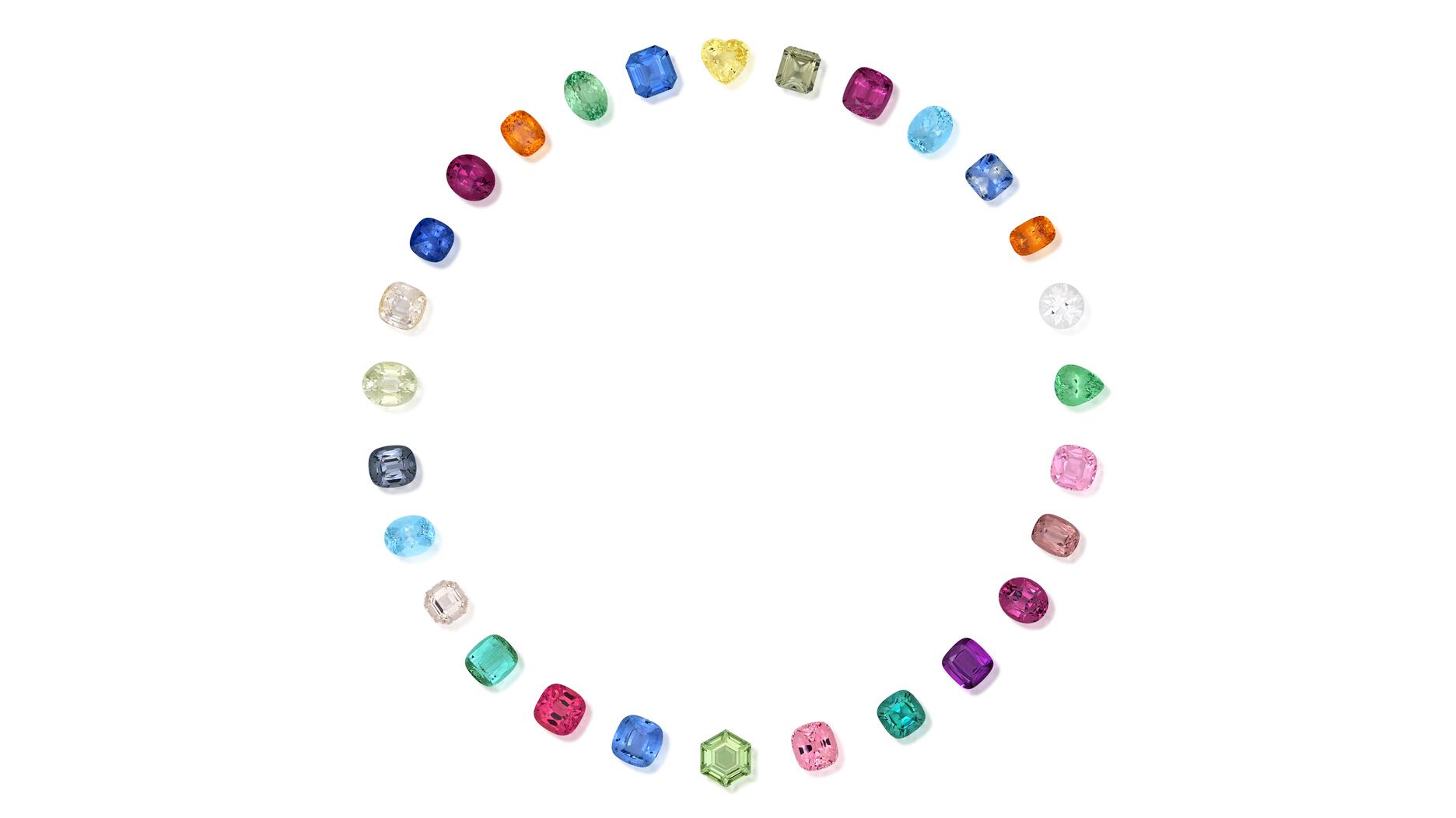 A selection of colored gemstones from B & B Fine Gems that won third place in the Cutting Edge category "Pairs & Suites" B & B Fine Gems gemstone suite