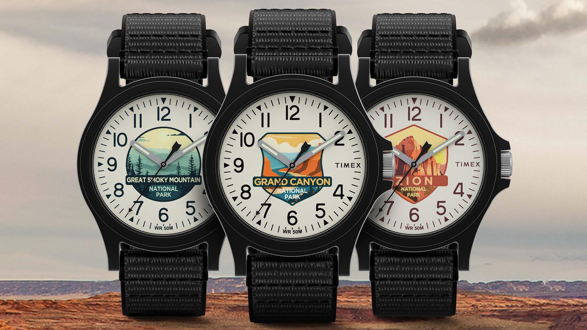 Timex’s new National Park Collection, a group of six outdoor watches celebrating green spaces from Maine to Wyoming, launched online today. Timex National Park Collection