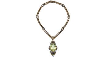 Lady Gaga wore this tourmaline, onyx, and pearl Tiffany & Co. necklace from the 1930s to Sunday night’s Grammy Awards in Los Angeles. She paired it with a gothic custom Vivienne Westwood gown on the red carpet, and with the simpler, off-the-shoulder dress she wore to accept the Grammy for Best Pop Duo/Group Performance. Lady Gaga Tiffany & Co. necklace worn to the 2025 Grammys