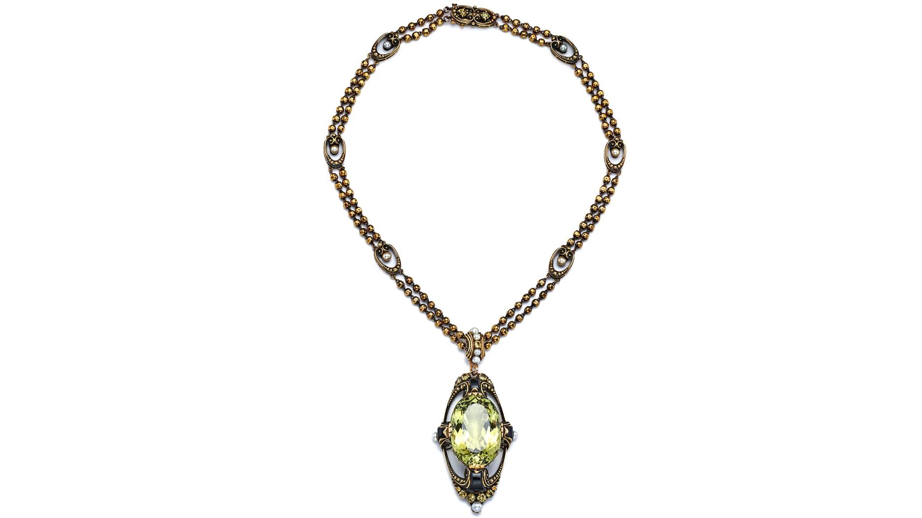Lady Gaga wore this tourmaline, onyx, and pearl Tiffany & Co. necklace from the 1930s to Sunday night’s Grammy Awards in Los Angeles. She paired it with a gothic custom Vivienne Westwood gown on the red carpet, and with the simpler, off-the-shoulder dress she wore to accept the Grammy for Best Pop Duo/Group Performance. Lady Gaga Tiffany & Co. necklace worn to the 2025 Grammys