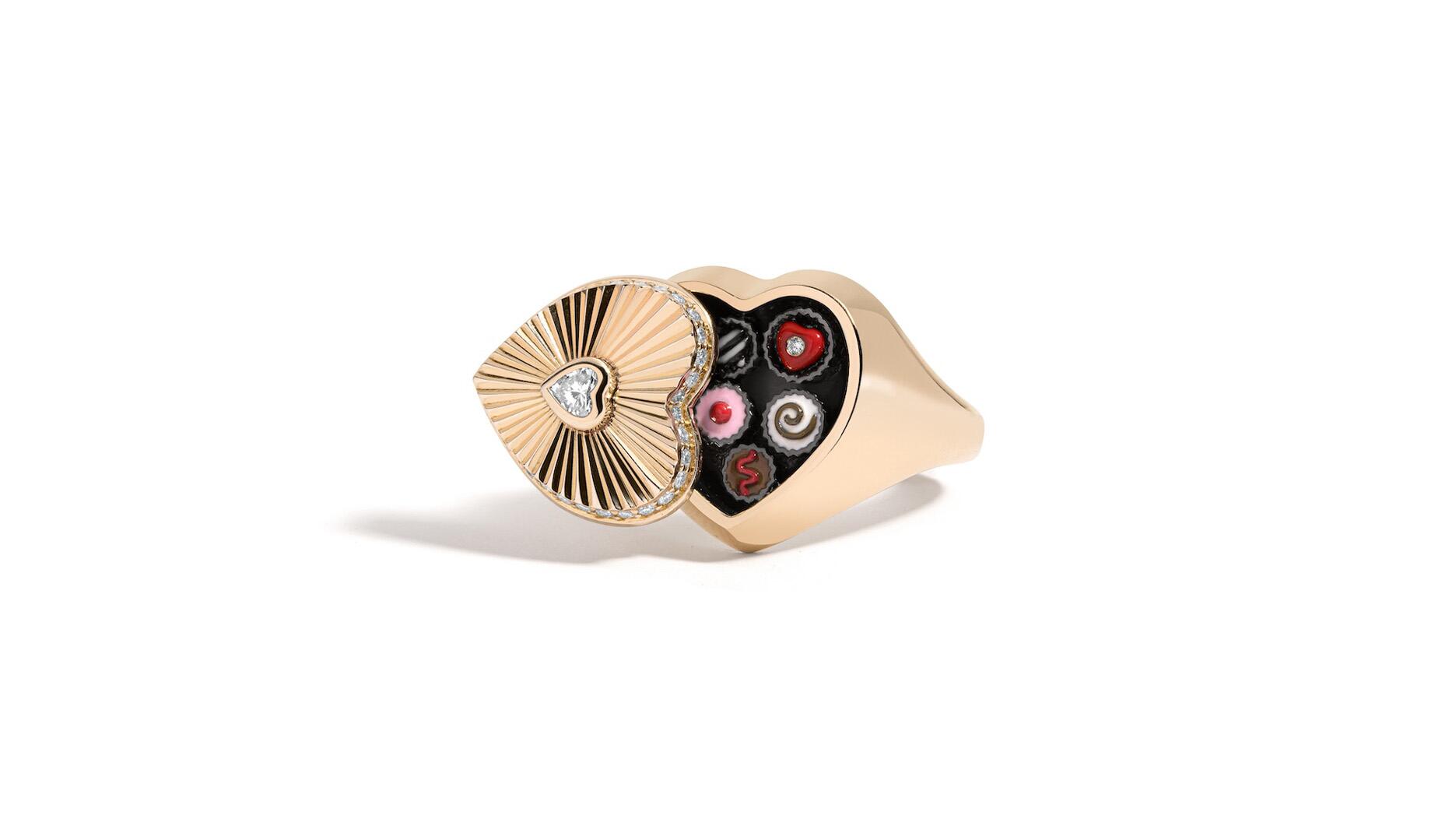 The “Sweet Life” ring by Mined + Found is made of 14-karat yellow gold with enamel and diamonds ($6,450). Consumers are expected to spend a record $27.5 billion on Valentine’s Day this year, according to the annual survey by the NRF and Prosper Insights & Analytics. Chocolate box ring by Mined + Found
