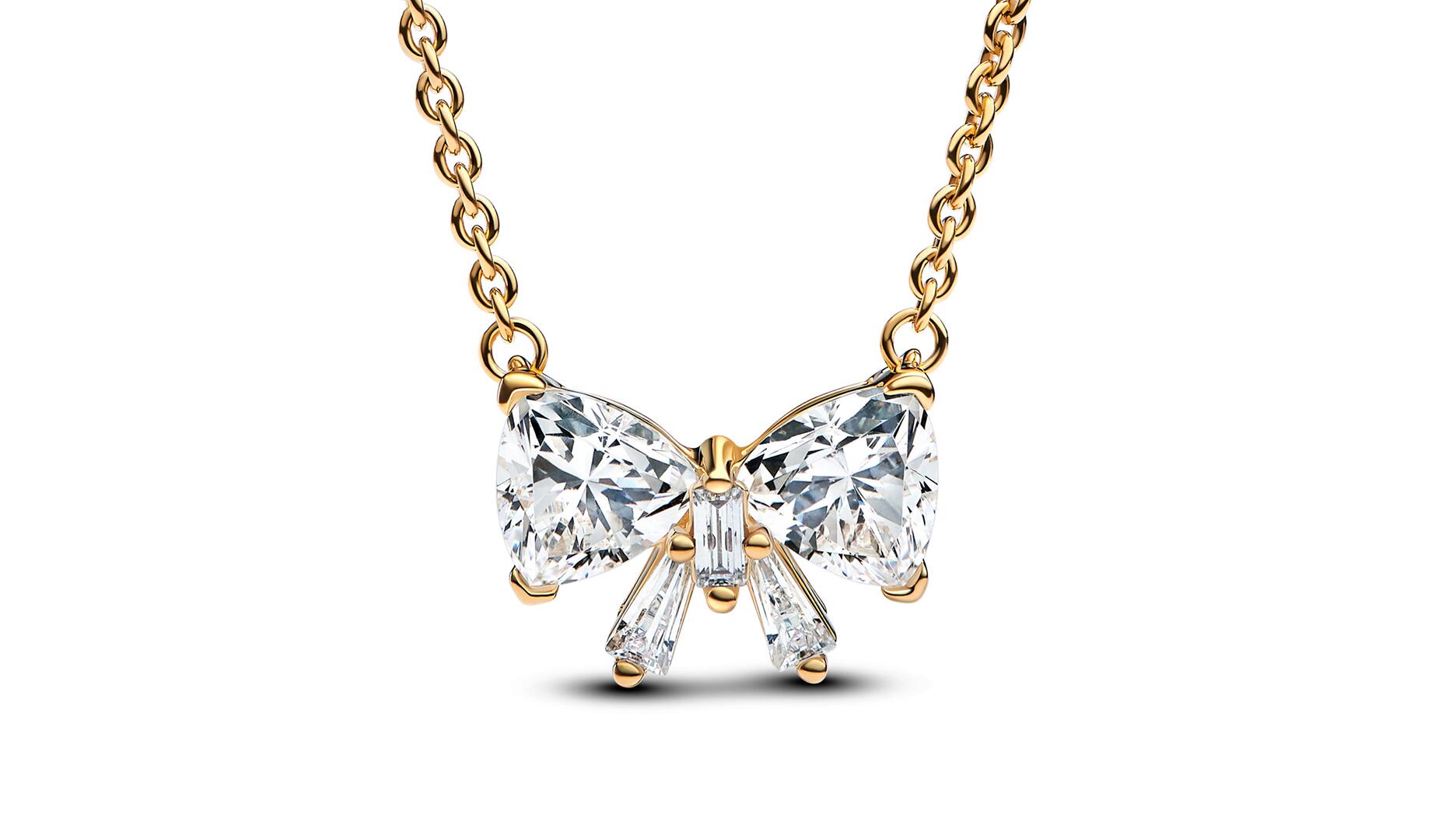A 14-karat gold-plated “Sparkling Bow” necklace set with cubic zirconia by Pandora ($225). The jewelry retailer posted strong results in 2024. Pandora sparkling bow necklace