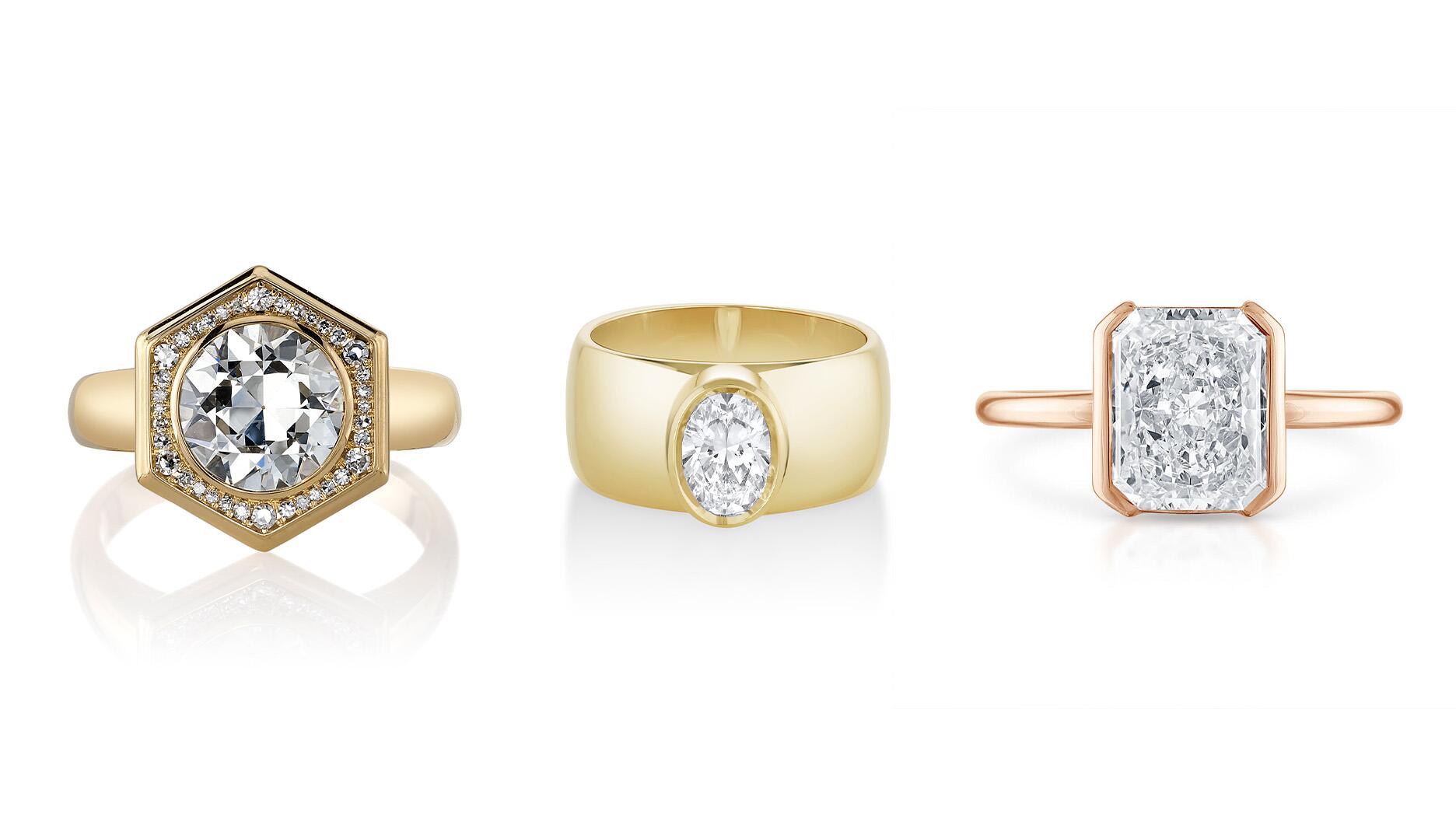 From left to right, rings by Single Stone, Marrow Fine, and Stephanie Gottlieb Fine Jewelry, highlighting the diamond engagement ring trends expected to be ubiquitous this year. 3 natural diamond engagement rings by Marrow Fine, Stephanie Gottlieb, Single Stone, and Sylvie Jewelry