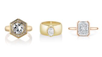 From left to right, rings by Single Stone, Marrow Fine, and Stephanie Gottlieb Fine Jewelry, highlighting the diamond engagement ring trends expected to be ubiquitous this year. 3 natural diamond engagement rings by Marrow Fine, Stephanie Gottlieb, Single Stone, and Sylvie Jewelry