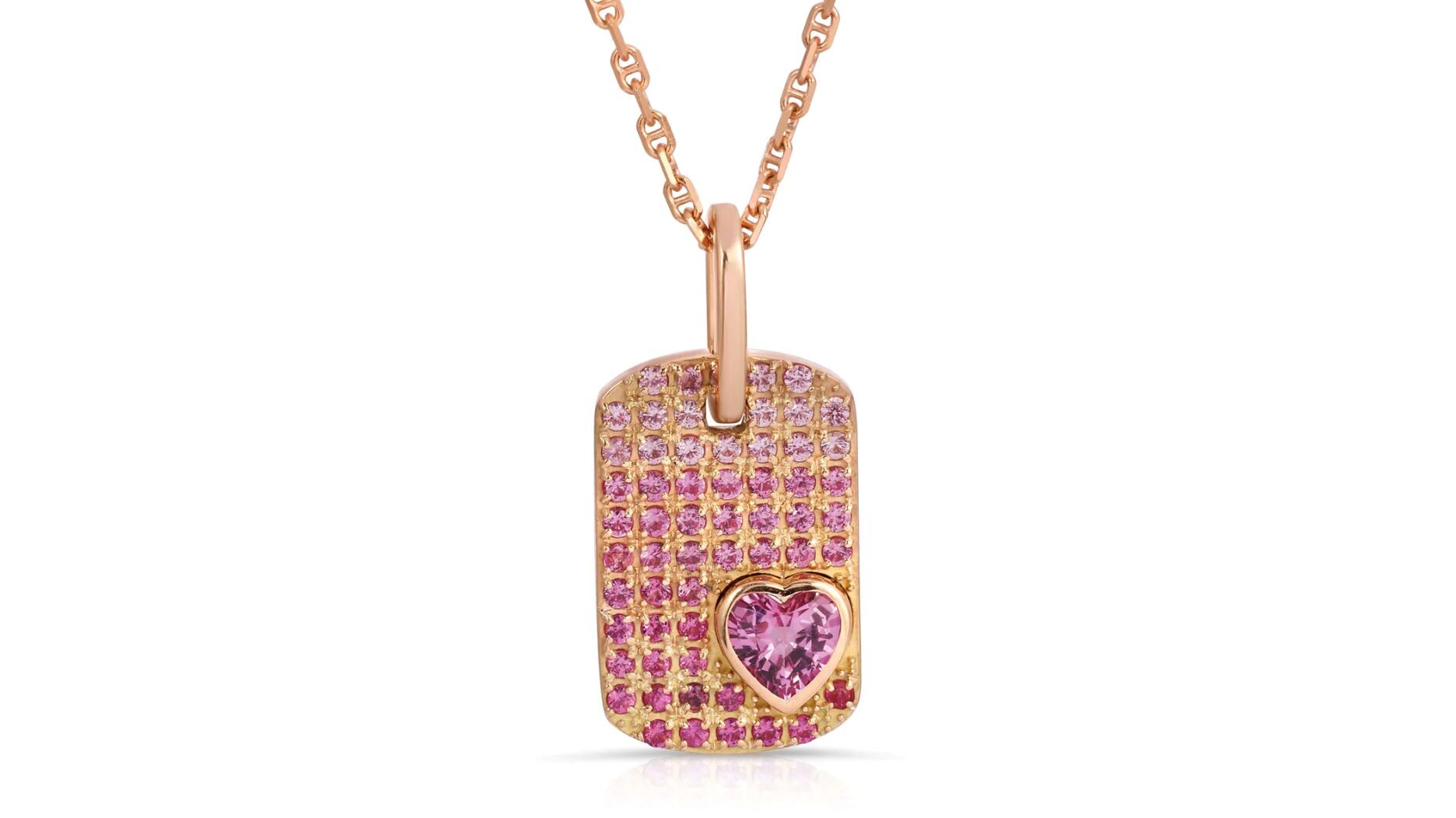 Azra Mehdi’s pink sapphire ombré heart dog tag necklace is one of 20 pieces featured in Amanda’s Style File for Valentine’s Day. Azra Mehdi pink sapphire ombré heart dog tag necklace in 14-karat rose gold