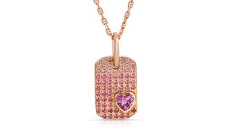 Azra Mehdi’s pink sapphire ombré heart dog tag necklace is one of 20 pieces featured in Amanda’s Style File for Valentine’s Day. Azra Mehdi pink sapphire ombré heart dog tag necklace in 14-karat rose gold