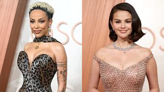 Oscars performer Doja Cat, left, wore the “Solar Diva” drop necklace by Messika featuring a 34-carat yellow diamond on the red carpet. Meanwhile, actress and singer Selena Gomez wore a platinum and diamond collar from Bulgari with a 10.16-carat diamond drop pendant. (Images courtesy of Messika and Bulgari) Doja Cat and Selena Gomez at the 2025 Oscars