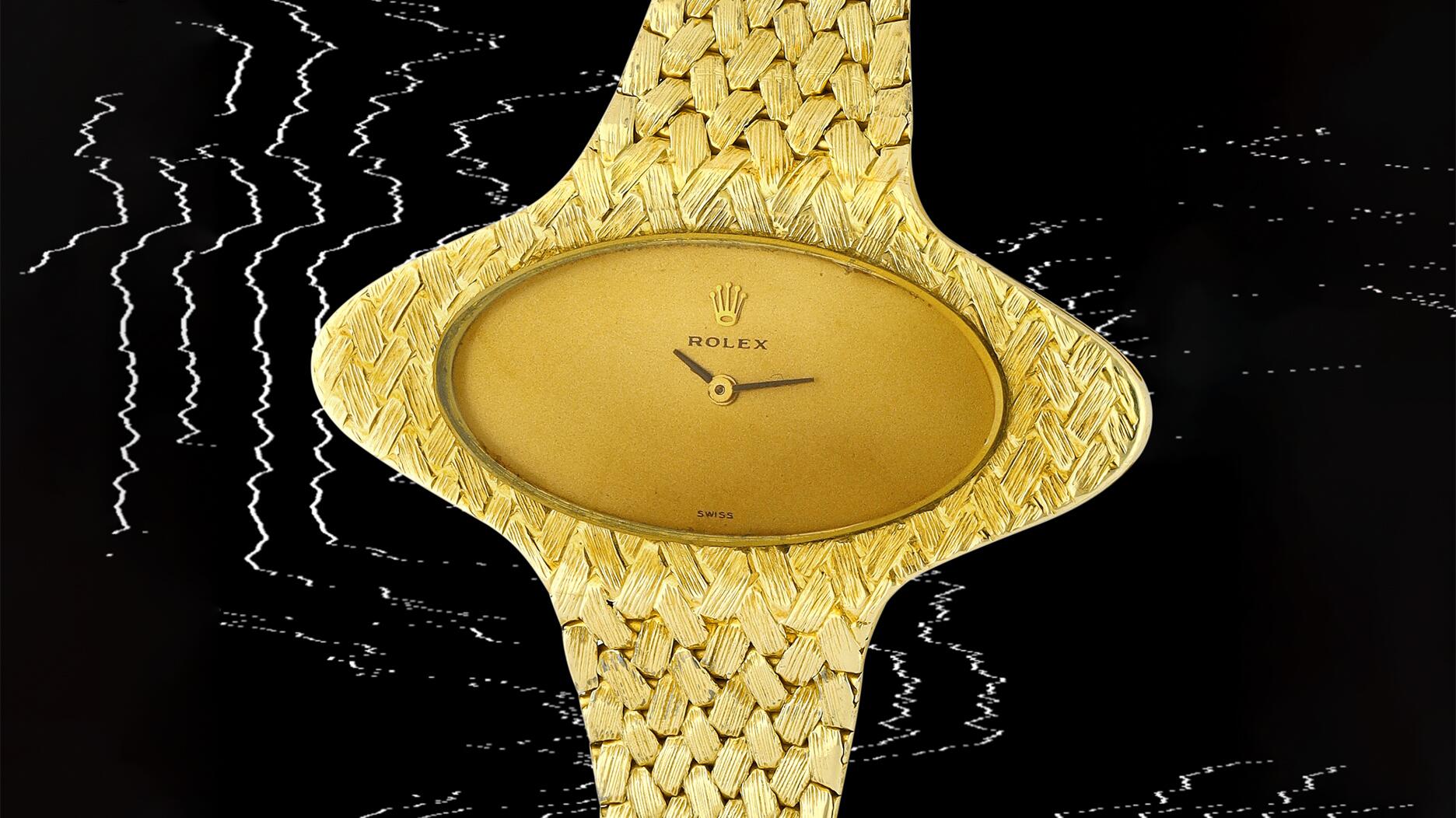 The Rolex “Starship Gold” bracelet watch circa 1980 is one of the highlights of Sotheby’s April watch auction featuring timepieces with unconventional designs crafted of non-traditional materials. It is estimated to sell for up to $13,500. Rolex “Starship Gold” circa 1980 alien watch