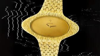 The Rolex “Starship Gold” bracelet watch circa 1980 is one of the highlights of Sotheby’s April watch auction featuring timepieces with unconventional designs crafted of non-traditional materials. It is estimated to sell for up to $13,500. Rolex “Starship Gold” circa 1980 alien watch