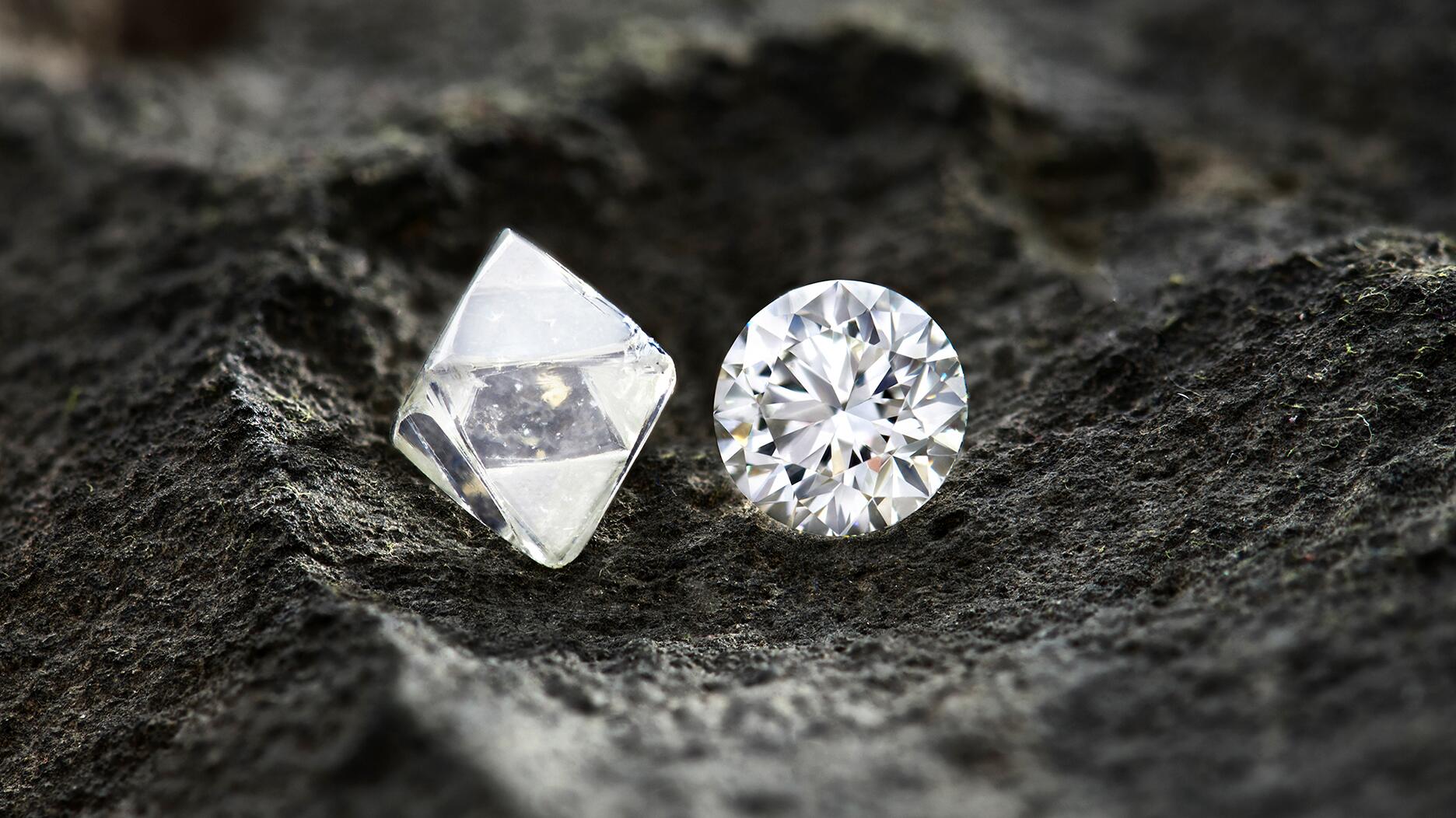 Diamond industry analysts Paul Zimnisky and Pranay Narvekar, along with industry veterans in India, weigh in on the current state of the diamond market and its prospects for 2025. (Photo courtesy of Venus Jewel) A rough diamond and a polished diamond