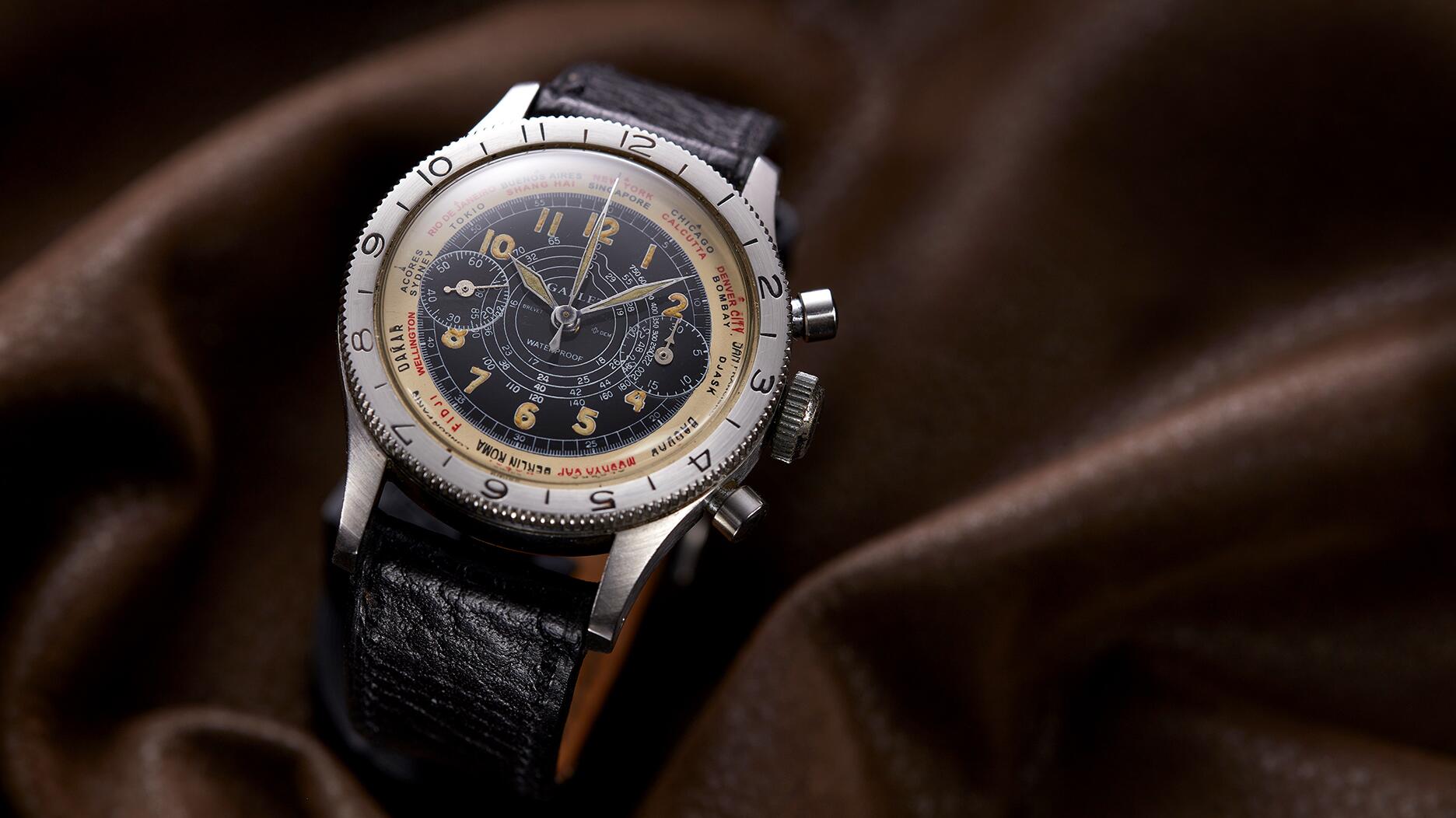 The Gallet “Flying Officer” watch, a waterproof chronograph launched in 1939 that could keep track of the time in multiple time zones. President Harry Truman received a “Flying Officer” as a Christmas gift and was known to wear it regularly. (Photo courtesy of Breitling) Gallet Flying Officer watch