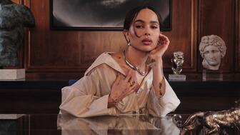 Zoë Kravitz is seen here in the “’Til Late” torque in 18-karat white and yellow gold with a freshwater pearl, the “’Til Late” earrings in 18-karat white gold with pearl drops, and the “’Til Late” 18-karat yellow gold ring ($56,000, $6,150, $7,250). Zoë Kravitz in Rush Hour Collection