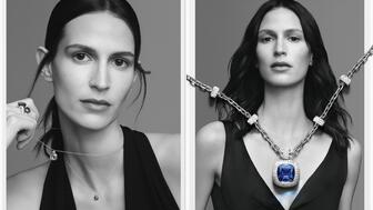 French model Jeanne Cadieu stars in the “Nudo” campaign, seen (left) wearing pieces from the fine jewelry “Nudo Mini” collection, and (right) with a “Nudo” high jewelry tanzanite necklace. Pomellato Nudo High Jewelry Campaign
