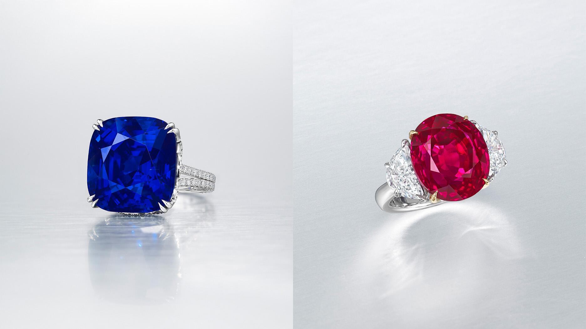 At its Hong Kong auction in May, Christie’s will offer “The Regent Kashmir” (left), a 35.09-carat no-heat sapphire, alongside “The Regal Ruby,” a 13.22-carat no-heat Burmese ruby. Christies regent kashmir sapphire and regal Burmese ruby