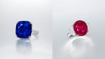 At its Hong Kong auction in May, Christie’s will offer “The Regent Kashmir” (left), a 35.09-carat no-heat sapphire, alongside “The Regal Ruby,” a 13.22-carat no-heat Burmese ruby. Christies regent kashmir sapphire and regal Burmese ruby